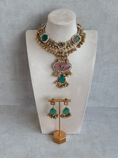 Ayura Designs Ahista Necklace Set with Earrings – Statement Pendant Necklace with Pink & Aqua Green Cat Eye Stones, Pearl Detailing & Ghungroo Accents