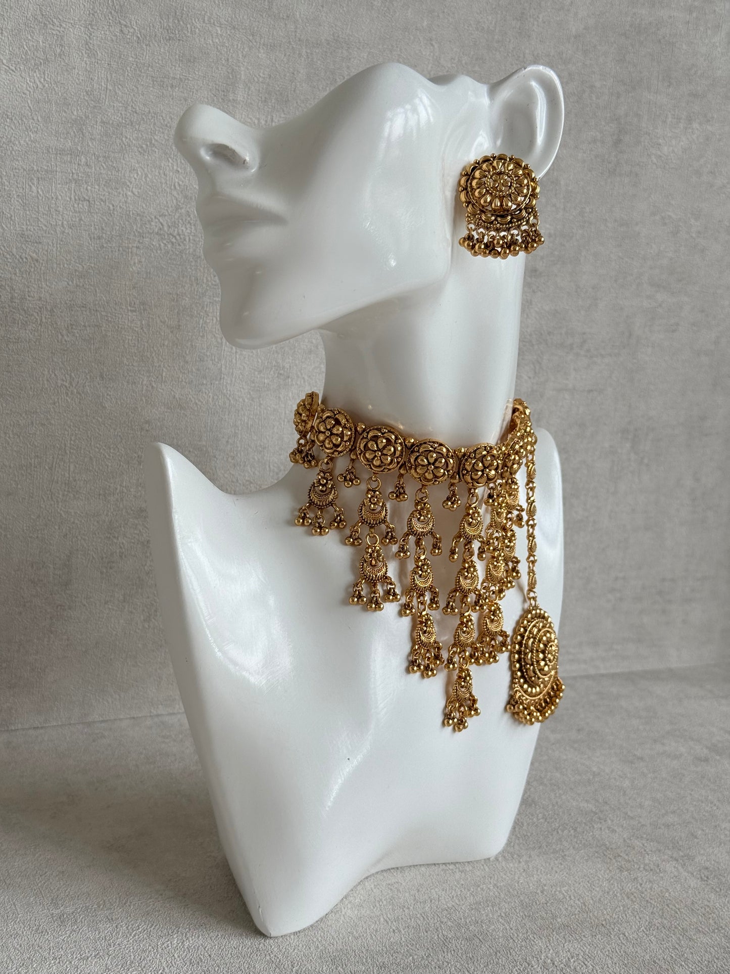 Ayura Designs Kimaya Choker Set with Earrings & Tikka – Gold Floral Waterfall Choker with Ghungroo Drops