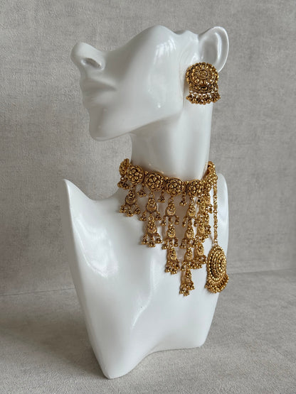 Ayura Designs Kimaya Choker Set with Earrings & Tikka – Gold Floral Waterfall Choker with Ghungroo Drops