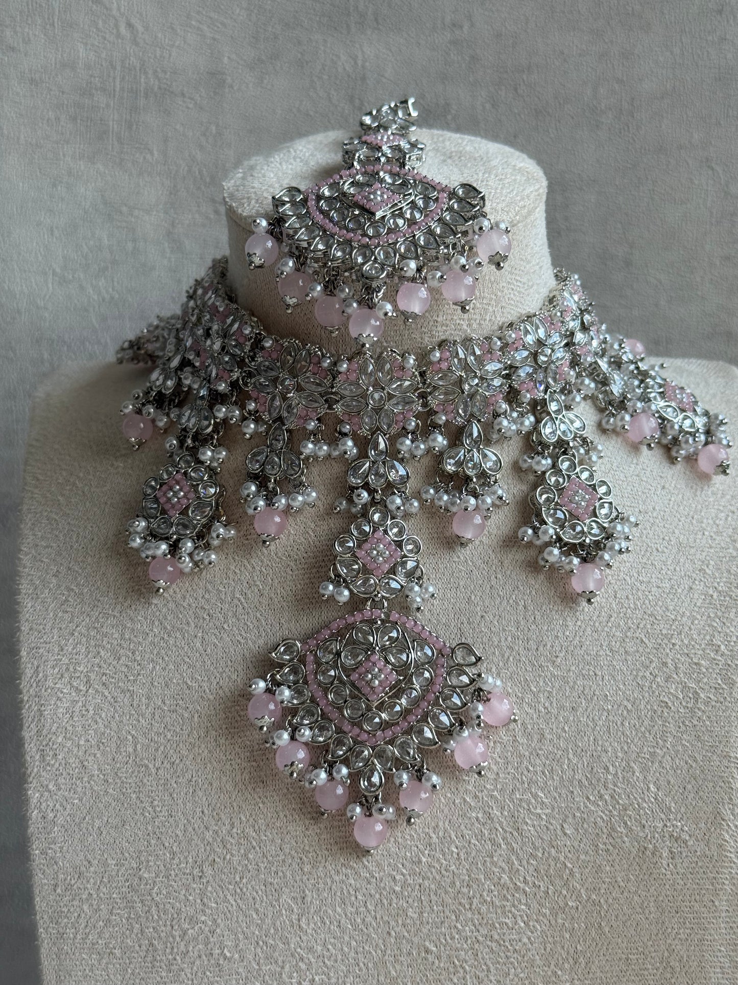 Ayura Designs Kanika Set – Necklace, Earrings & Tikka with Blush Pink Beads, Mirror-Cut Stones & Silver Finish