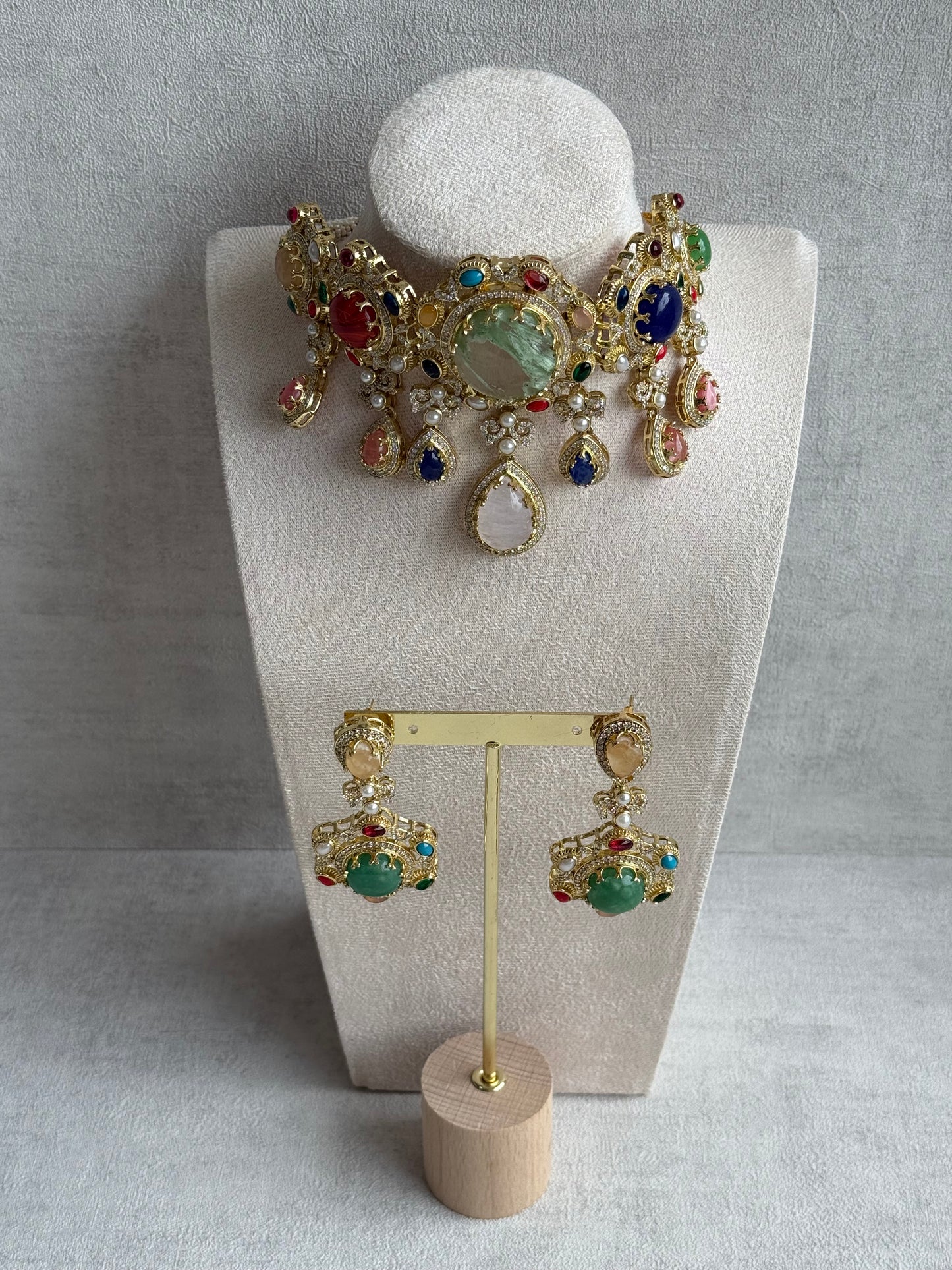 Ayura Designs Willow Choker Set – Statement Multicolour Stone Choker with Pearls & Antique Gold Detailing