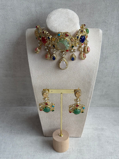 Ayura Designs Willow Choker Set – Statement Multicolour Stone Choker with Pearls & Antique Gold Detailing