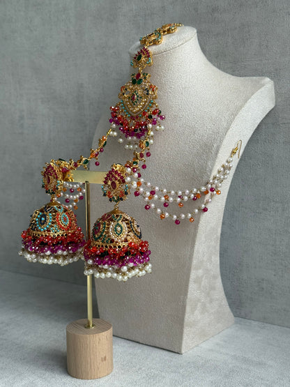 Ayura Designs Safia Tikka Set with Sahare Earrings – Multicolour (Orange, Pink & Ivory Beads)