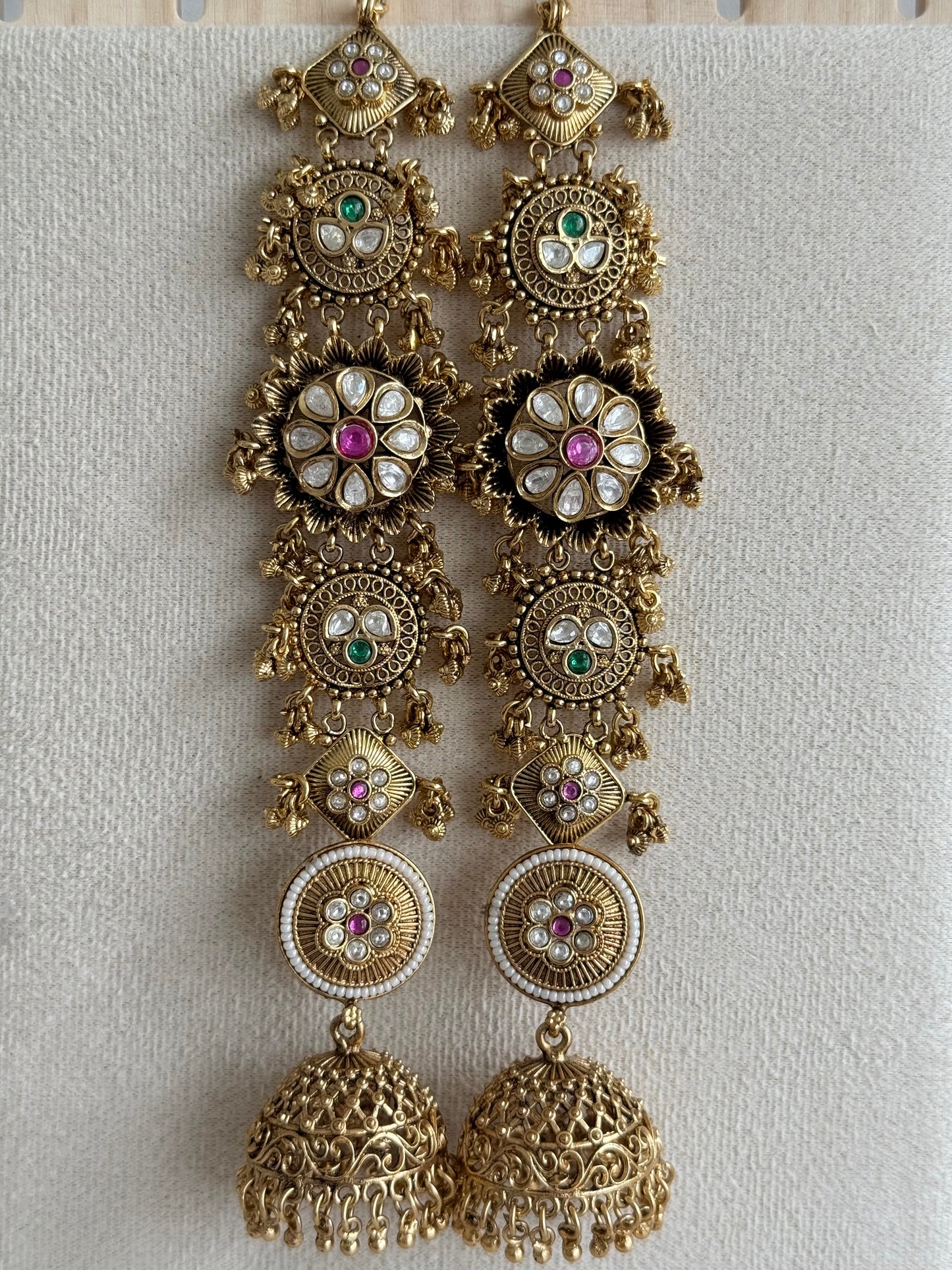 Ayura Designs Sabina Jhumkis with Detachable Sahare – Multicolour Kundan & Antique Gold Finish
