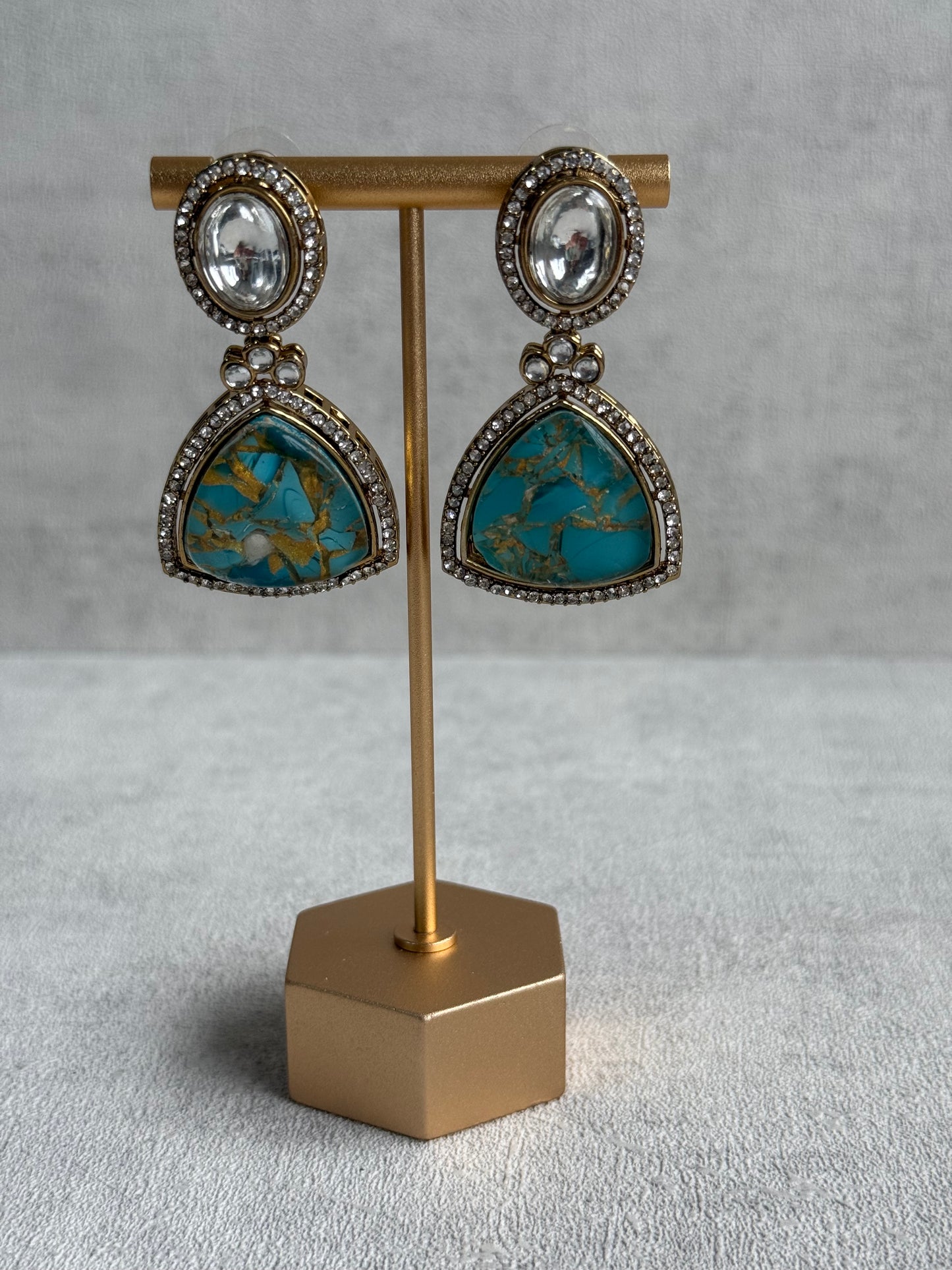 Ayura Designs Florence Earrings – Mirror Cut Studs with Turquoise Marble Resin & Crystal Borders