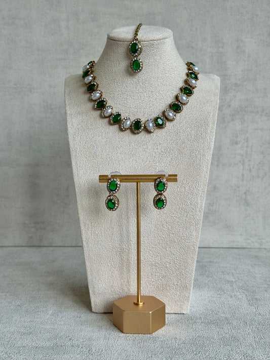 Ayura Designs Eira Set – Necklace, Earrings & Tikka with Emerald Green & Ivory Oval Stones in Antique Gold