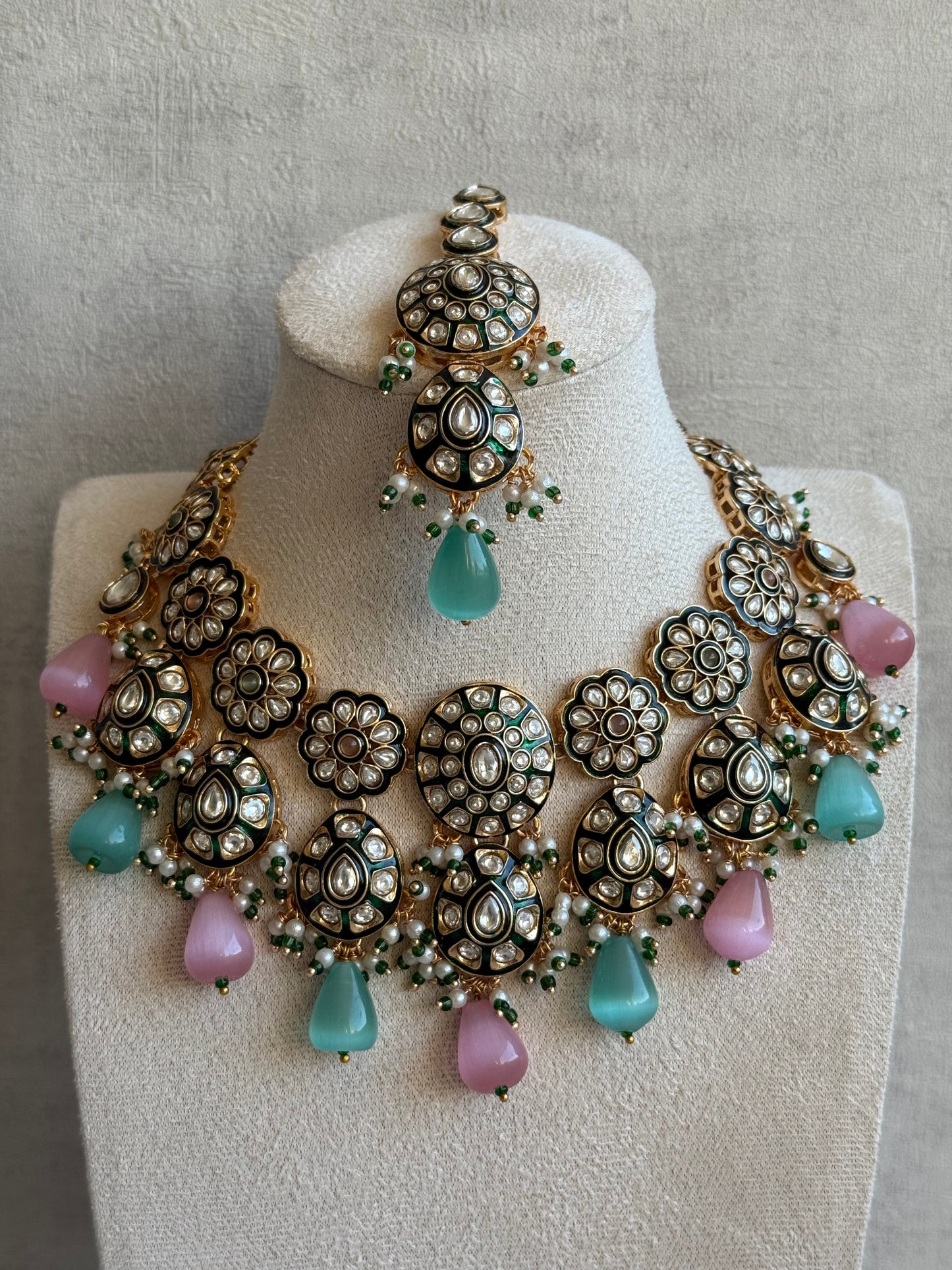 Ayura Designs Sumaira Set with Passa – Necklace, Earrings, Tikka & Passa with Kundan, Green Meenakari Detailing & Aqua-Pink Drops