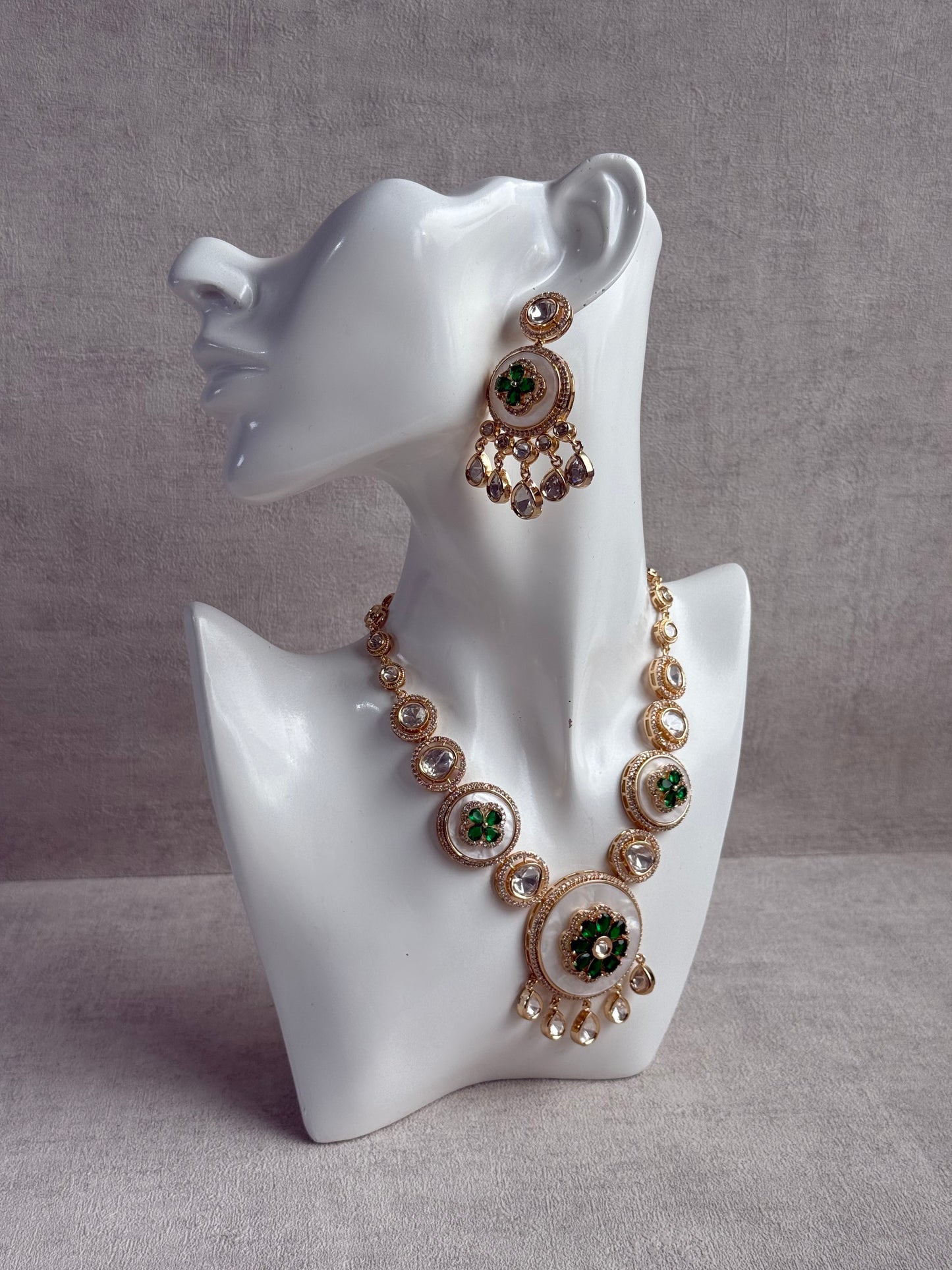Ayura Designs Wisah Set with Necklace & Earrings – Emerald Green Floral Motifs with Mother of Pearl, Mirror-Cut Stones & Crystal Detailing
