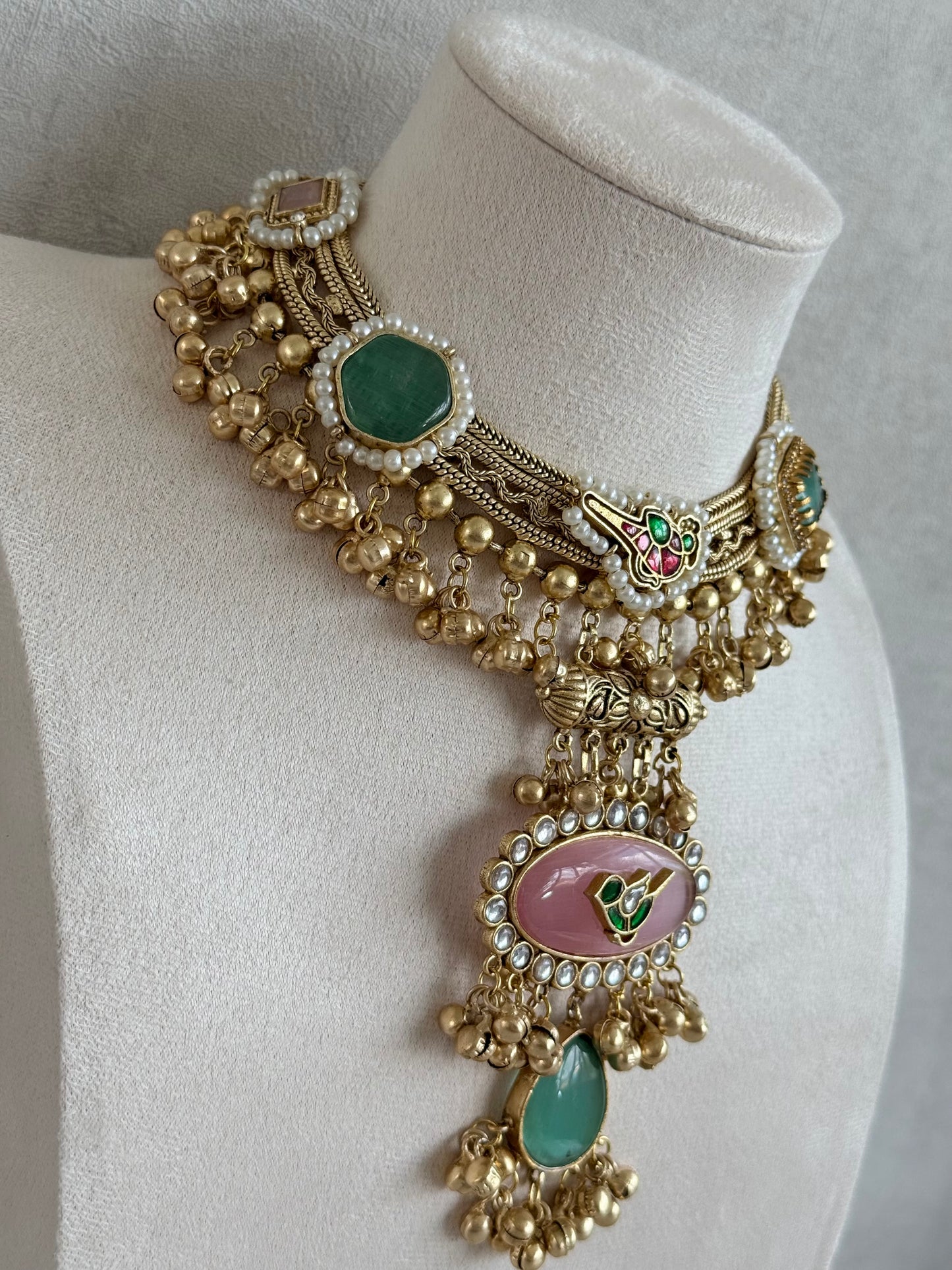 Ayura Designs Ahista Necklace Set with Earrings – Statement Pendant Necklace with Pink & Aqua Green Cat Eye Stones, Pearl Detailing & Ghungroo Accents