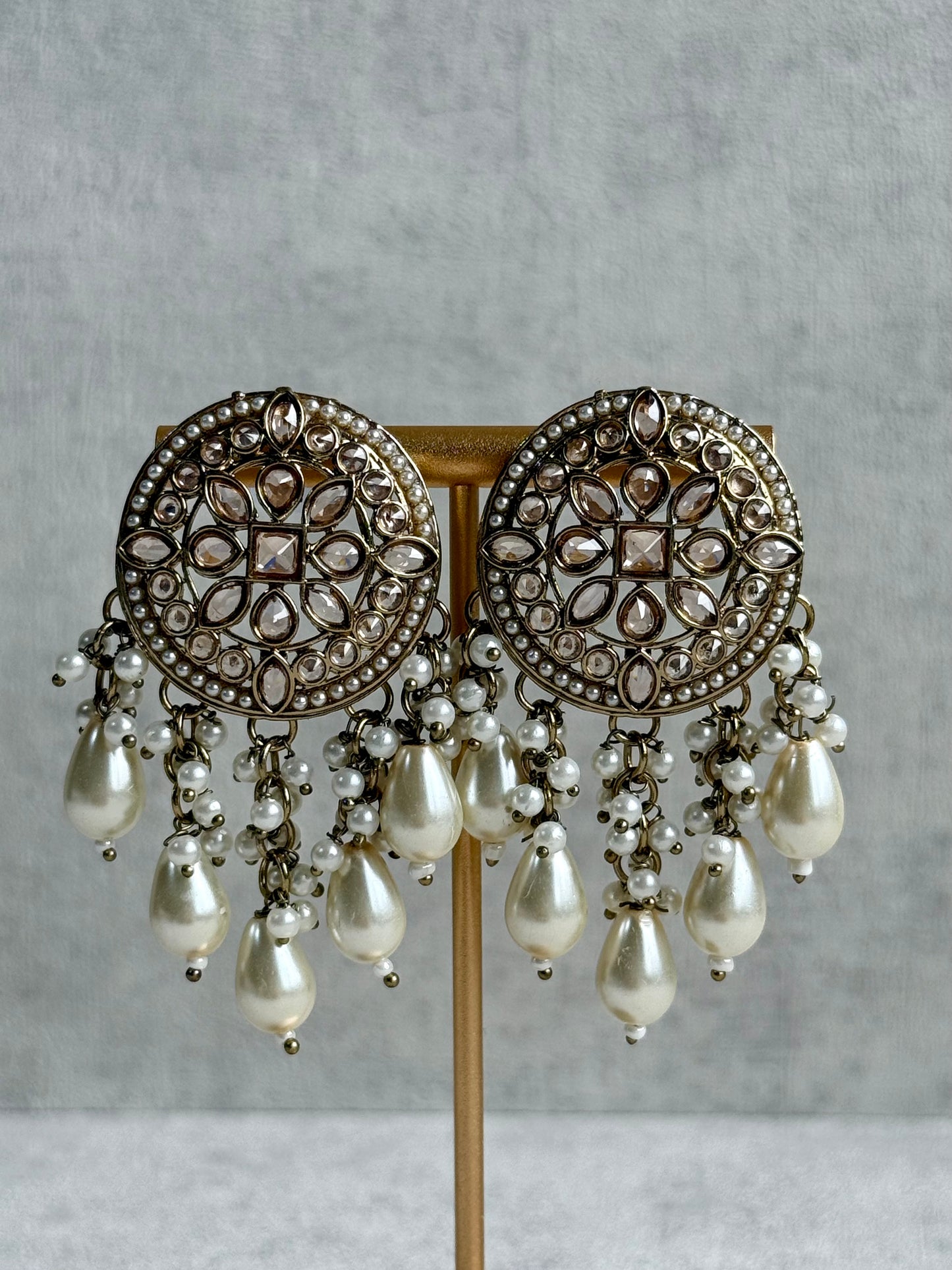 Ayura Designs Aynoor Earrings – Antique Gold Finish with Mirror-Cut Stones & Pearl Drops