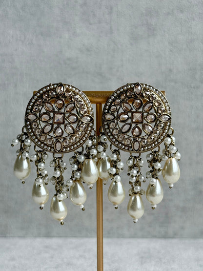 Ayura Designs Aynoor Earrings – Antique Gold Finish with Mirror-Cut Stones & Pearl Drops