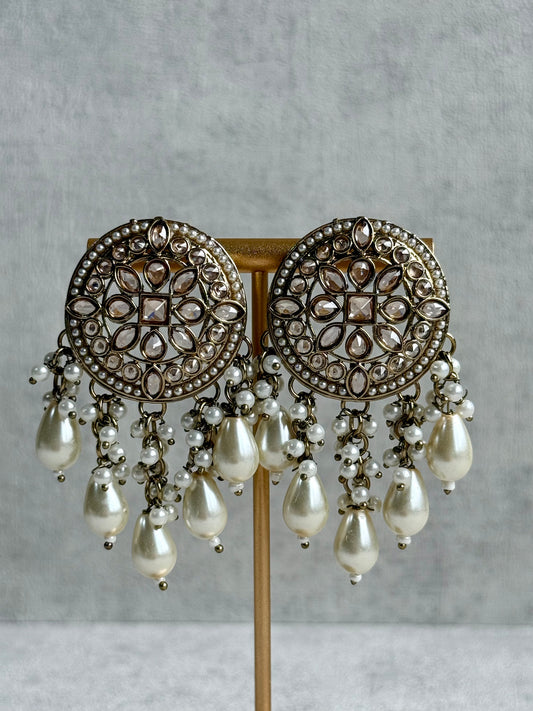 Ayura Designs Aynoor Earrings – Antique Gold Finish with Mirror-Cut Stones & Pearl Drops