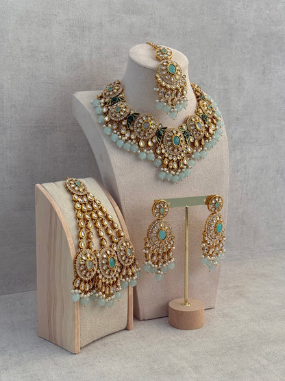 Ayura Designs Zara Set with Necklace, Earrings, Tikka & Passa – Antique Gold with Kundan Detailing & Aqua Blue Beads