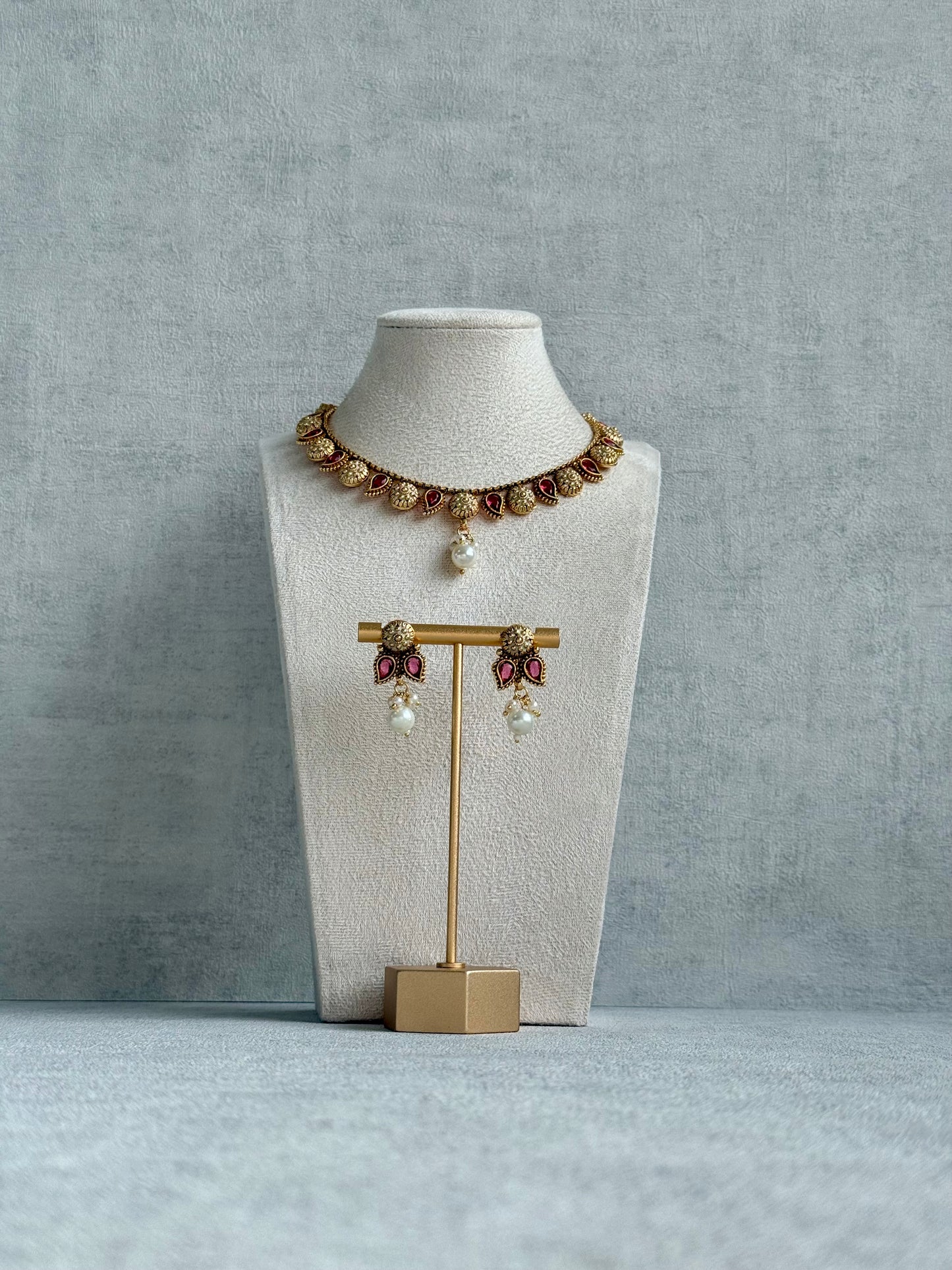 Ayura Designs Mayura Necklace Set with Earrings – Antique Gold Meenakari Motifs with Pearl Drop & Rani Pink Stones