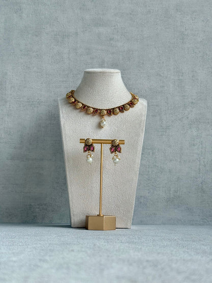 Ayura Designs Mayura Necklace Set with Earrings – Antique Gold Meenakari Motifs with Pearl Drop & Rani Pink Stones