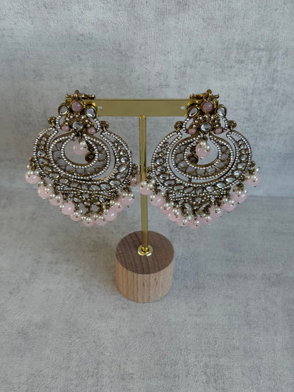 Ayura Designs Rabia Chandbalis – Antique Gold Kundan Earrings with Blush Pink Beads, Pearls & Attached Sahare