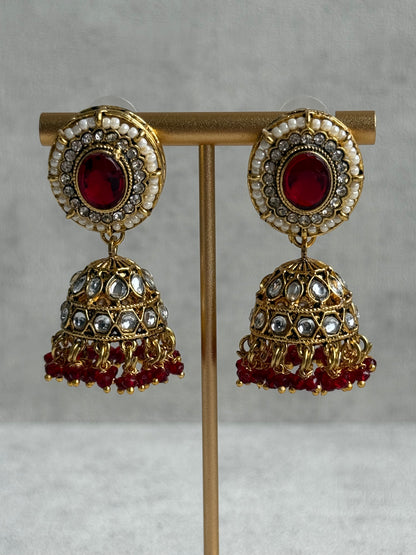 Ayura Designs Muskaan Set – Choker, Jhumkis & Tikka with Ruby Red Beads, Kundan Stones & Antique Gold Finish