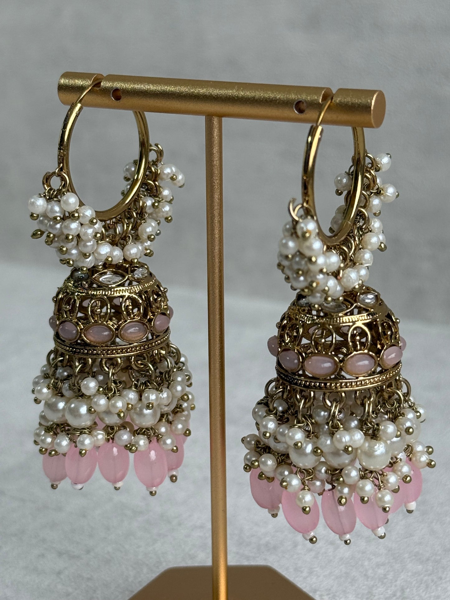 Ayura Designs Jugni Jhumkis – Antique Gold Balis with Blush Pink Beads & Pearl Clusters