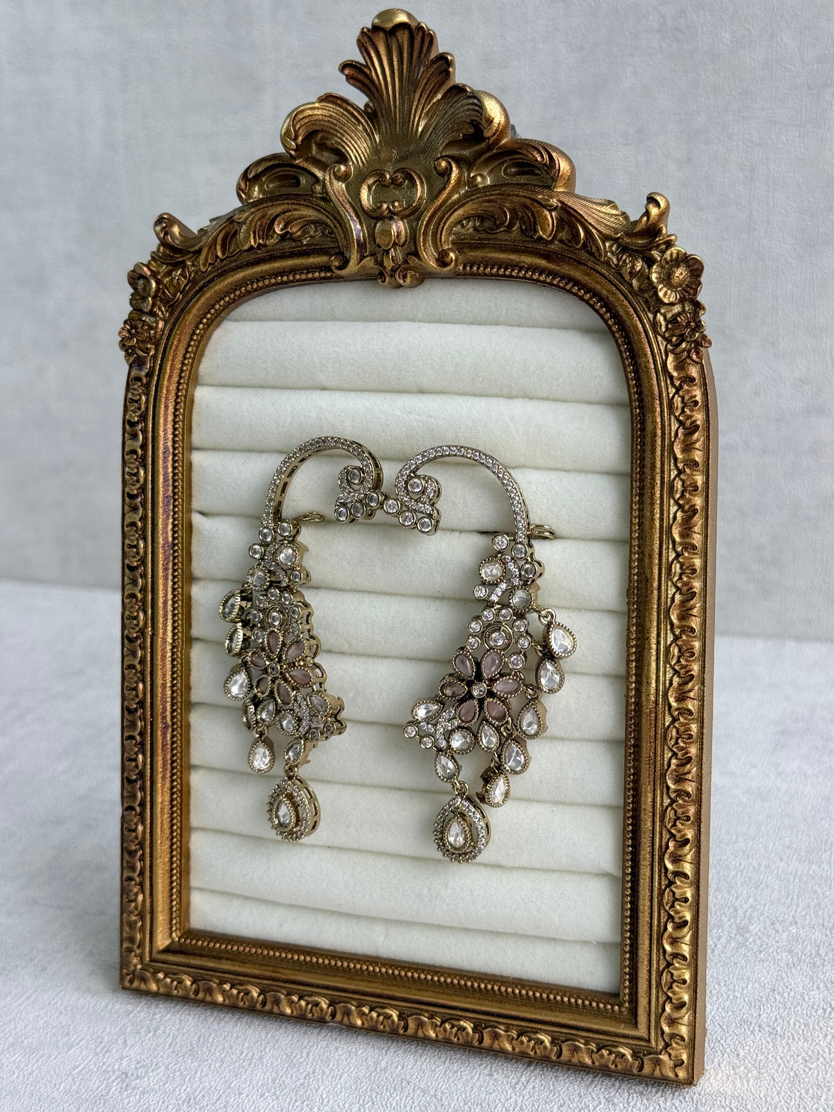 Ayura Designs Aksara Kaanphool Earrings – Blush Pink Stones, Kundan, Crystals & Antique Gold Finish