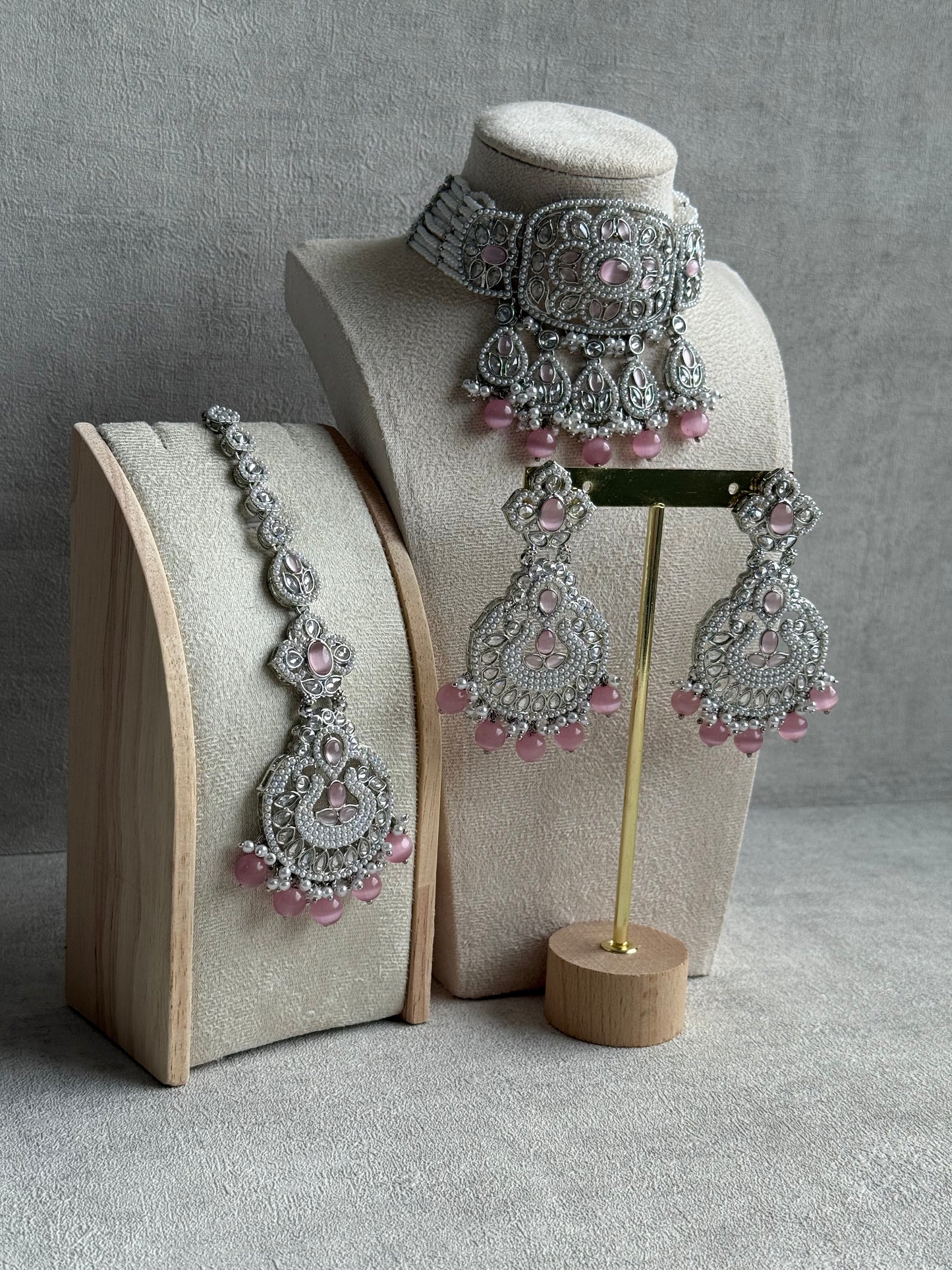 Ayura Designs Zarlish Set – Choker, Earrings & Tikka with Mirror-Cut Stones, Blush Pink Beads & Silver Finish