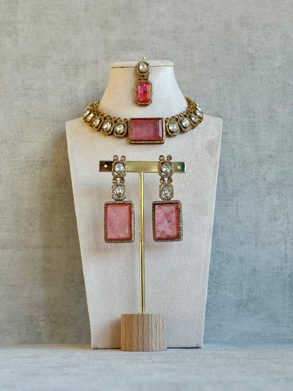 Ayura Designs Clara Set with Earrings and Tikka – Rose Quartz Pink Stones with Moissanite and Antique Gold Finish