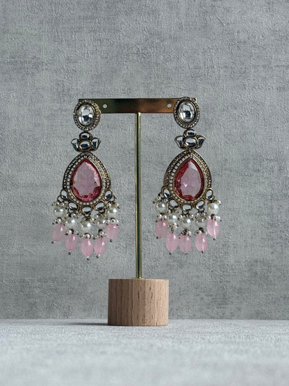 Ayura Designs Nageen Earrings – Antique Gold Jhumkis with Rose Pink Stones, Mirror-Cut Accents & Pearl Drops
