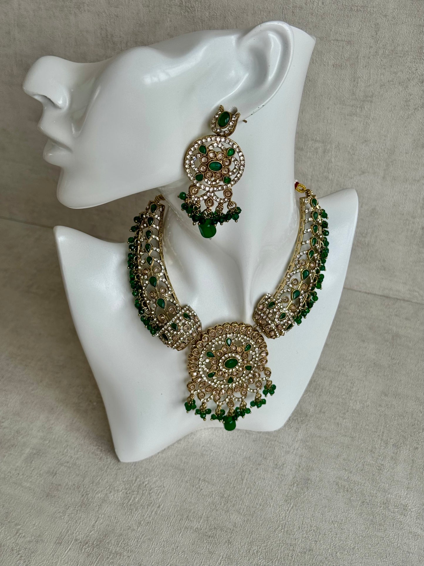 Ayura Designs Aleeza Set with Jhumkis & Tikka – Antique Finish with Champagne Polki Stones, Emerald Detailing & Beaded Drops