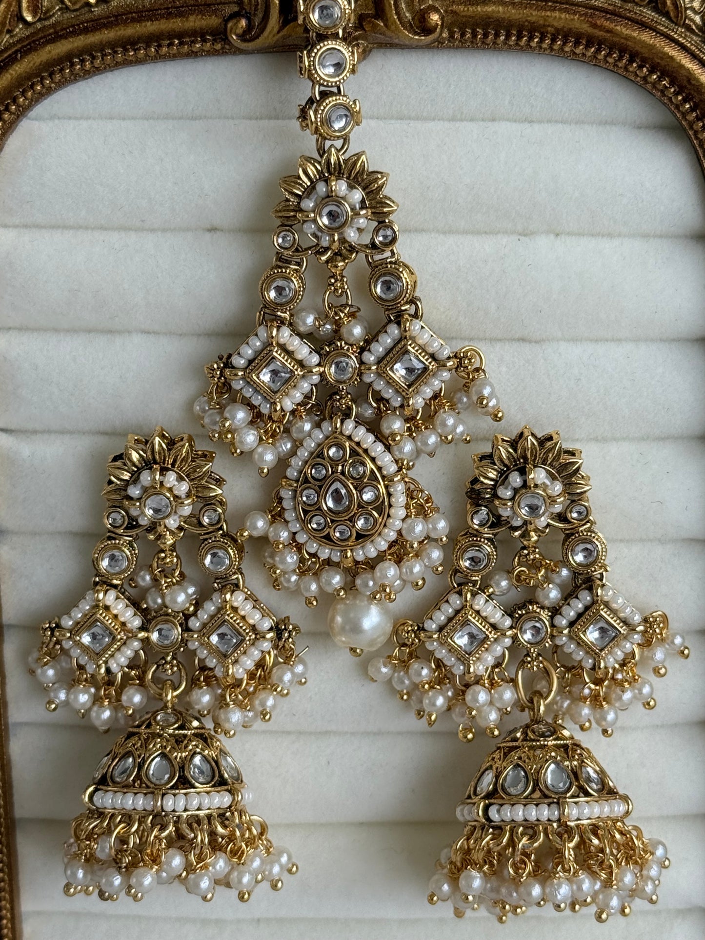 Ayura Designs Ania Tikka Set with Jhumkis – Pearl, Kundan & Gold Detailing