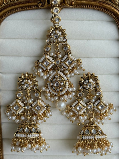 Ayura Designs Ania Tikka Set with Jhumkis – Pearl, Kundan & Gold Detailing