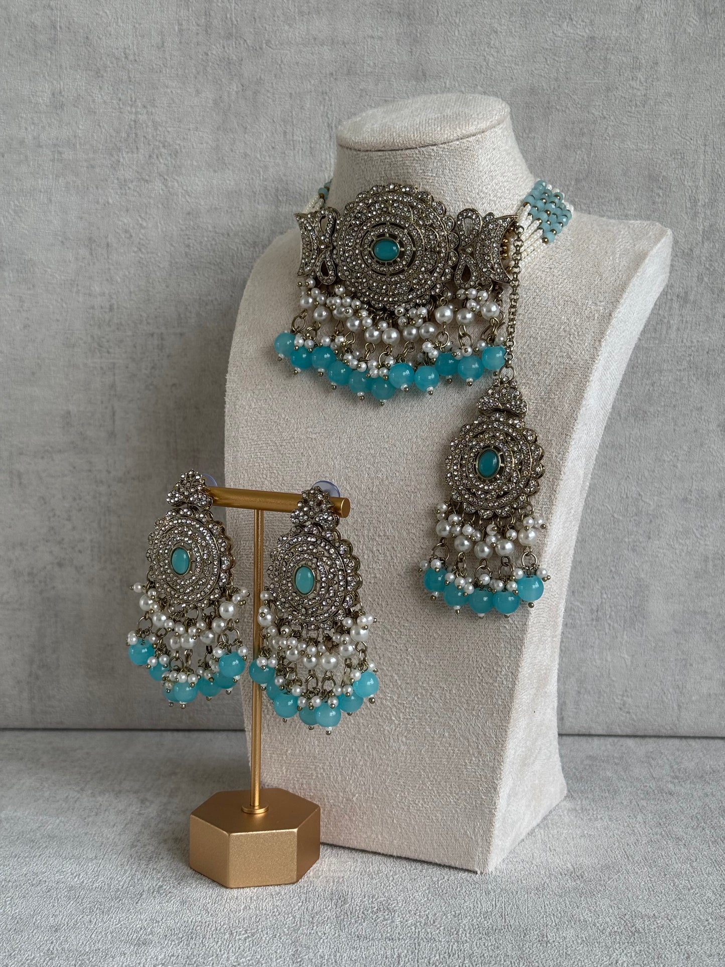 Ayura Designs Zoraiz Choker Set with Earrings & Tikka – Aqua Blue Beads, Pearls & Antique Silver Finish