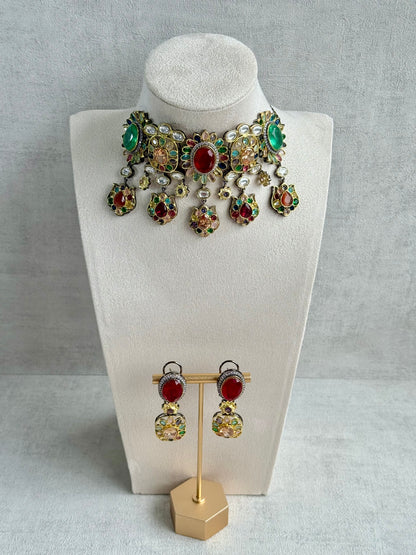 Ayura Designs Verity Choker Set with Earrings – Multicolour Stones, Crystal Accents & Antique Silver Finish
