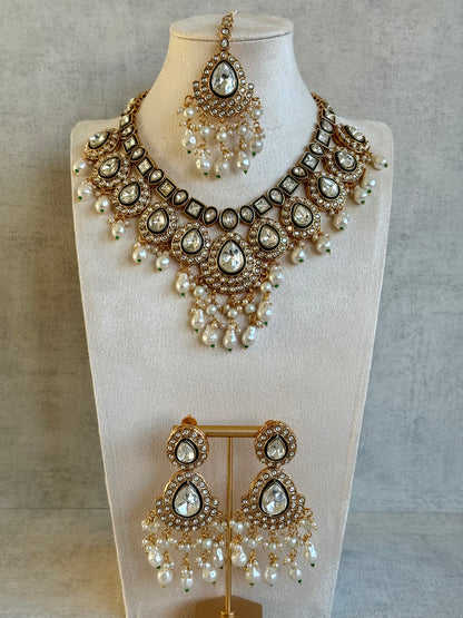 Ayura Designs Ishyat Set with Necklace, Earrings & Tikka – Kundan Detailing, Ivory Pearl Drops