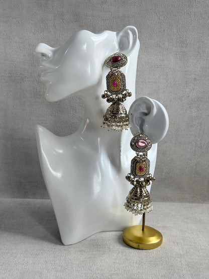 Ayura Designs Maara Jhumkis – Champagne Gold with Rose Pink & Rani Pink Stones, Crystals, Ghungroos & Pearl Detailing