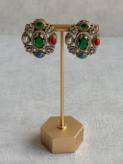 Ayura Designs Celia Stud Earrings – Emerald Green & Multicolour Stones with Gold Finish