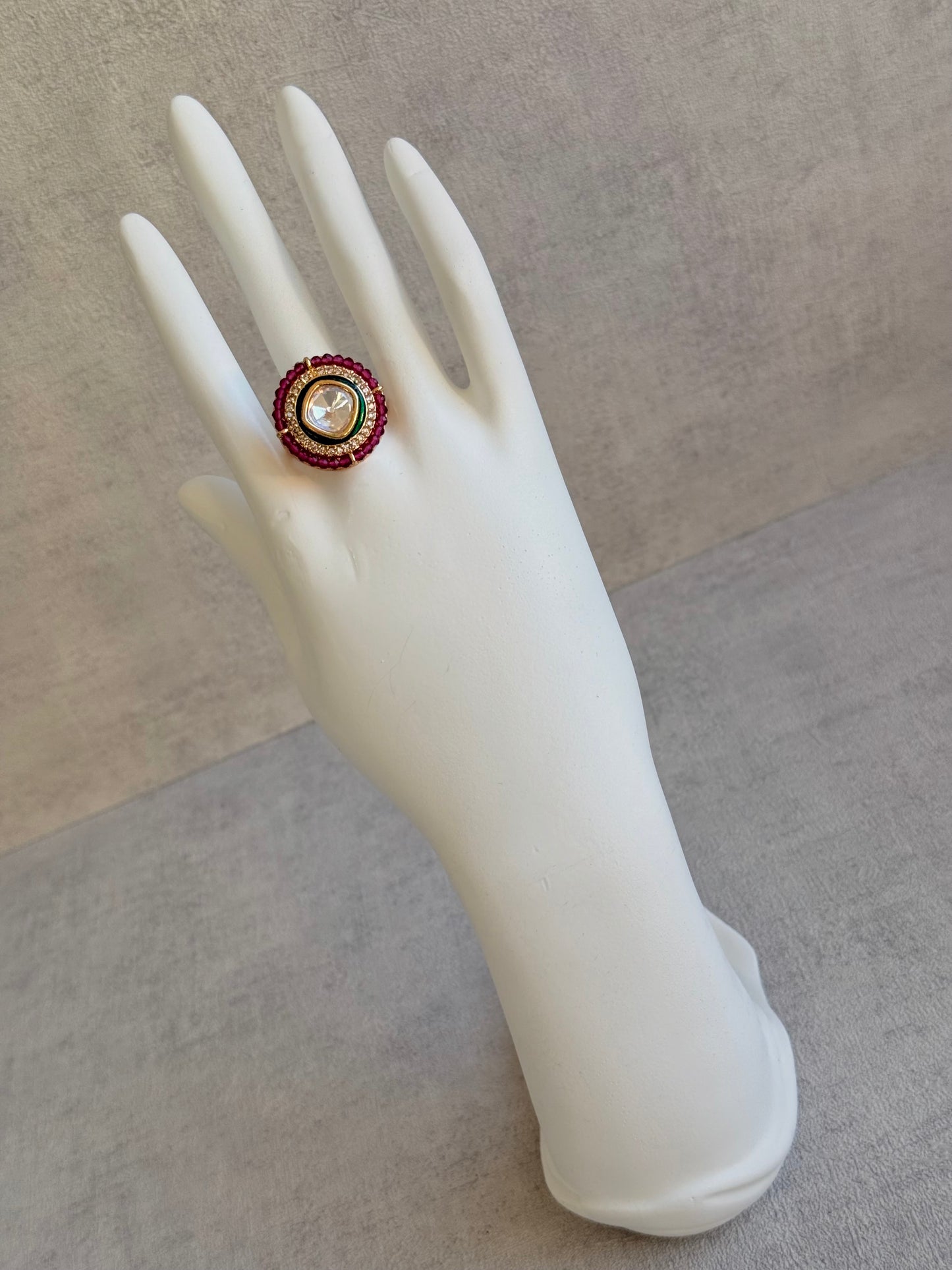 Ayura Designs Roselle Adjustable Ring – Moissanite Centre with Crystal Border & Rani Pink Beads