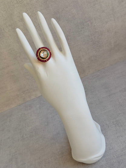 Ayura Designs Roselle Adjustable Ring – Moissanite Centre with Crystal Border & Rani Pink Beads