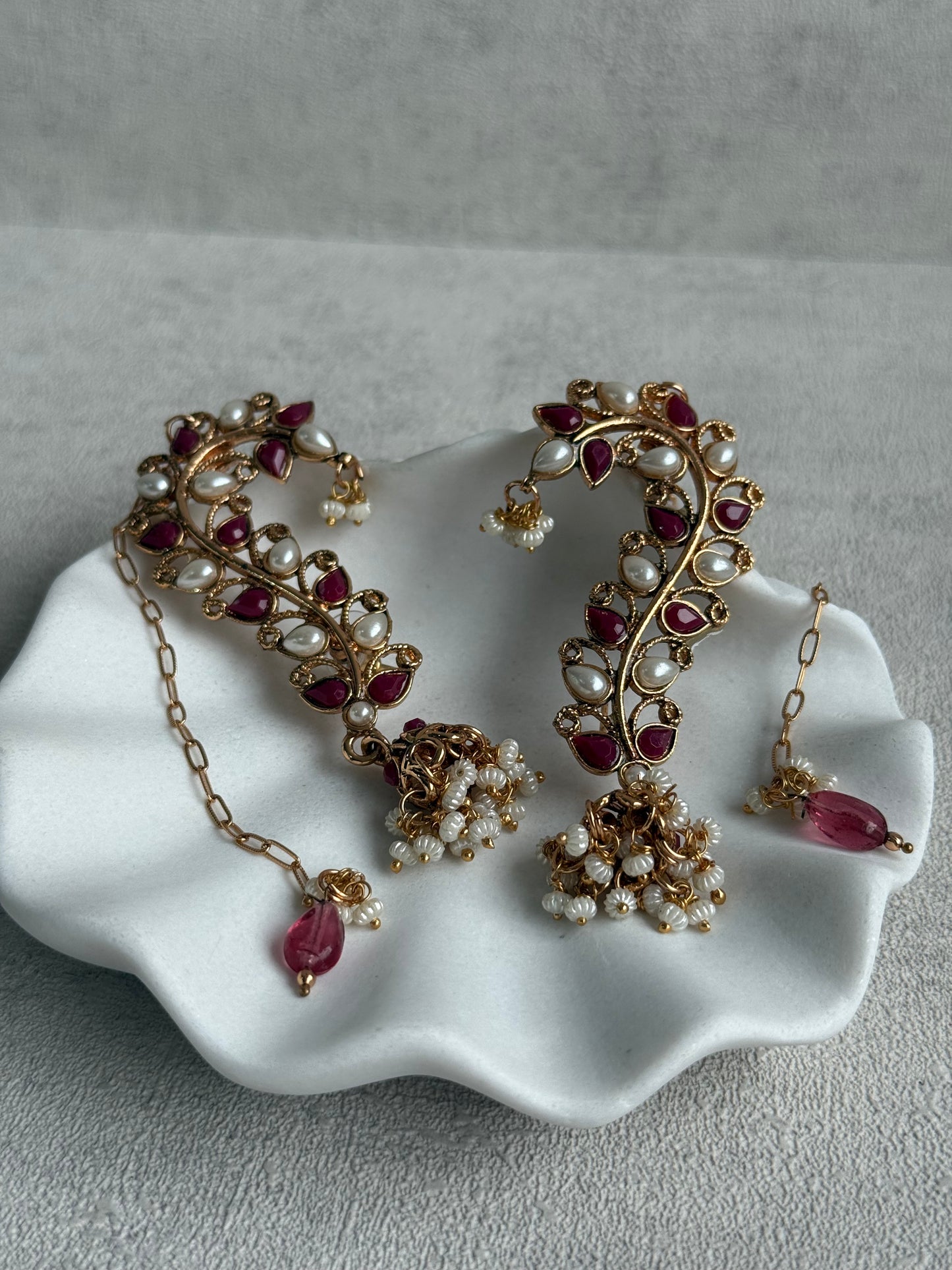 Ayura Designs Mastani Earrings – Gold Ear Climbers with Ruby Stones, Pearls & Jhumki Drops