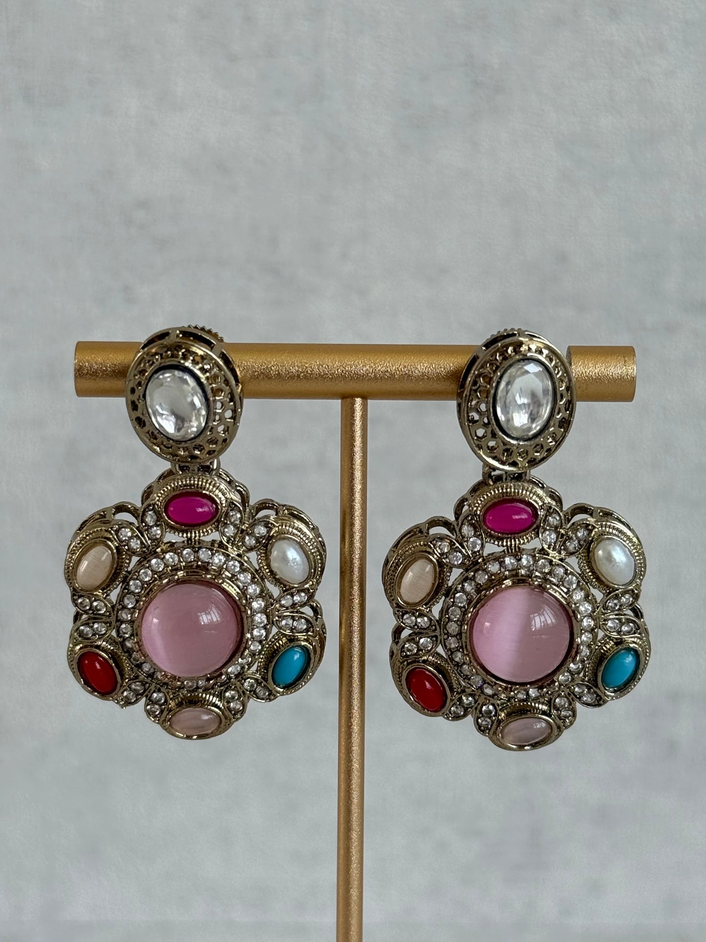 Ayura Designs Elvira Necklace Set with Earrings & Tikka – Multicolour Stone Necklace with Pink Centre Stones & Pearl Detailing