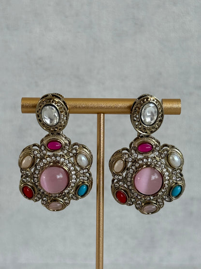 Ayura Designs Elvira Necklace Set with Earrings & Tikka – Multicolour Stone Necklace with Pink Centre Stones & Pearl Detailing