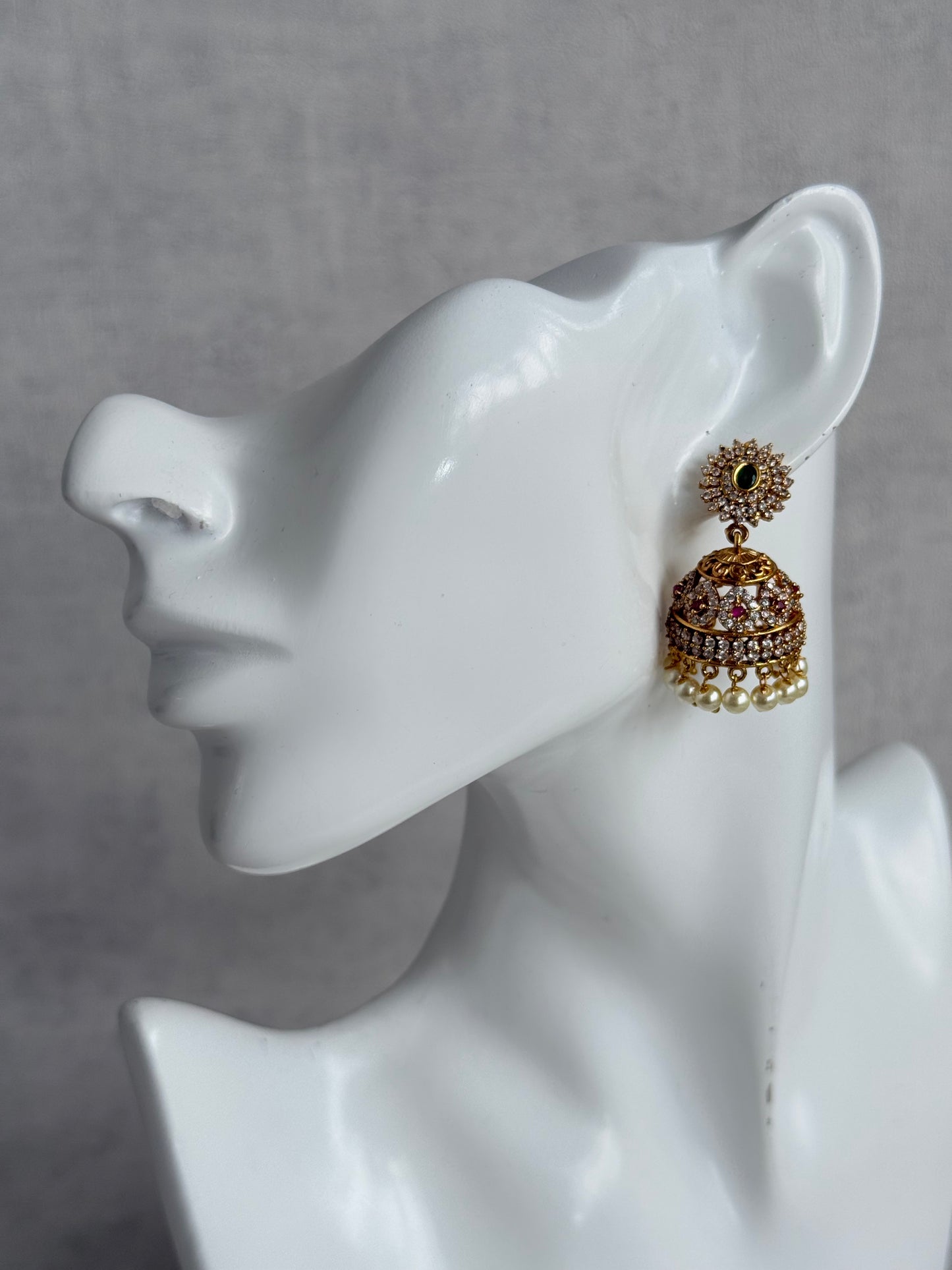 Ayura Designs Ela Jhumkis – Emerald Green Studs with Crystal Floral Jhumkis & Pearl Drops