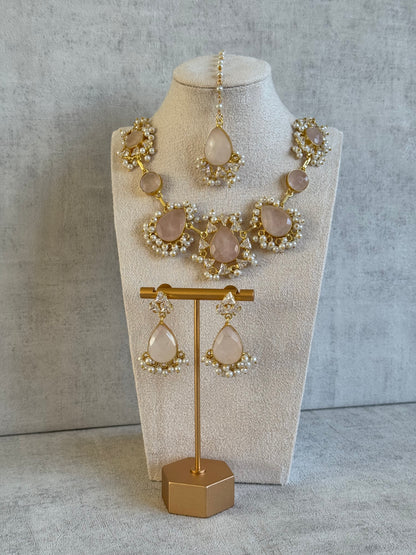 Ayura Designs Rosa Set with Tikka & Earrings – Rose Quartz, Crystals & Pearls