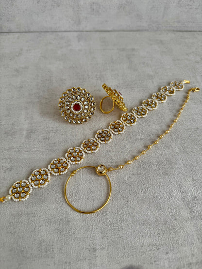 Ayura Designs Gulbadan Bridal Set with Necklace, Jhumkis, Tikka, Nath, Ring & Sheeshphool – Jadau Kundan Craftsmanship with Mirror-Cut Polki, Ruby Red Stones & Antique Gold Finish