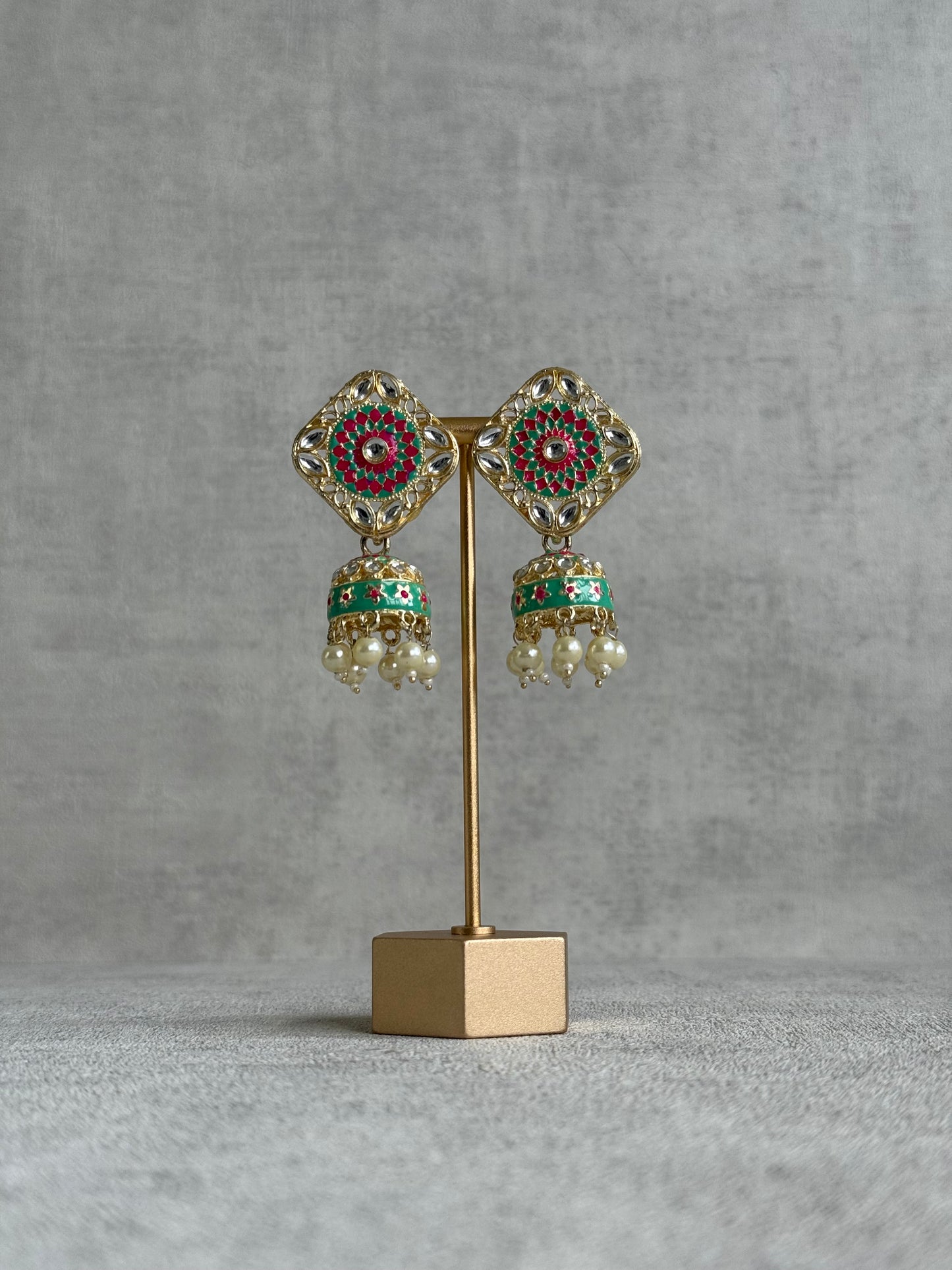Ayura Designs Rangoli Jhumkis – Mint Green & Hot Pink Meenakari with Pearl Drops in Antique Gold Finish