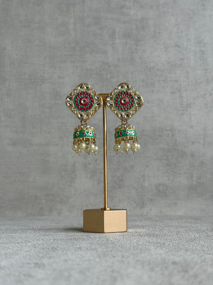 Ayura Designs Rangoli Jhumkis – Mint Green & Hot Pink Meenakari with Pearl Drops in Antique Gold Finish