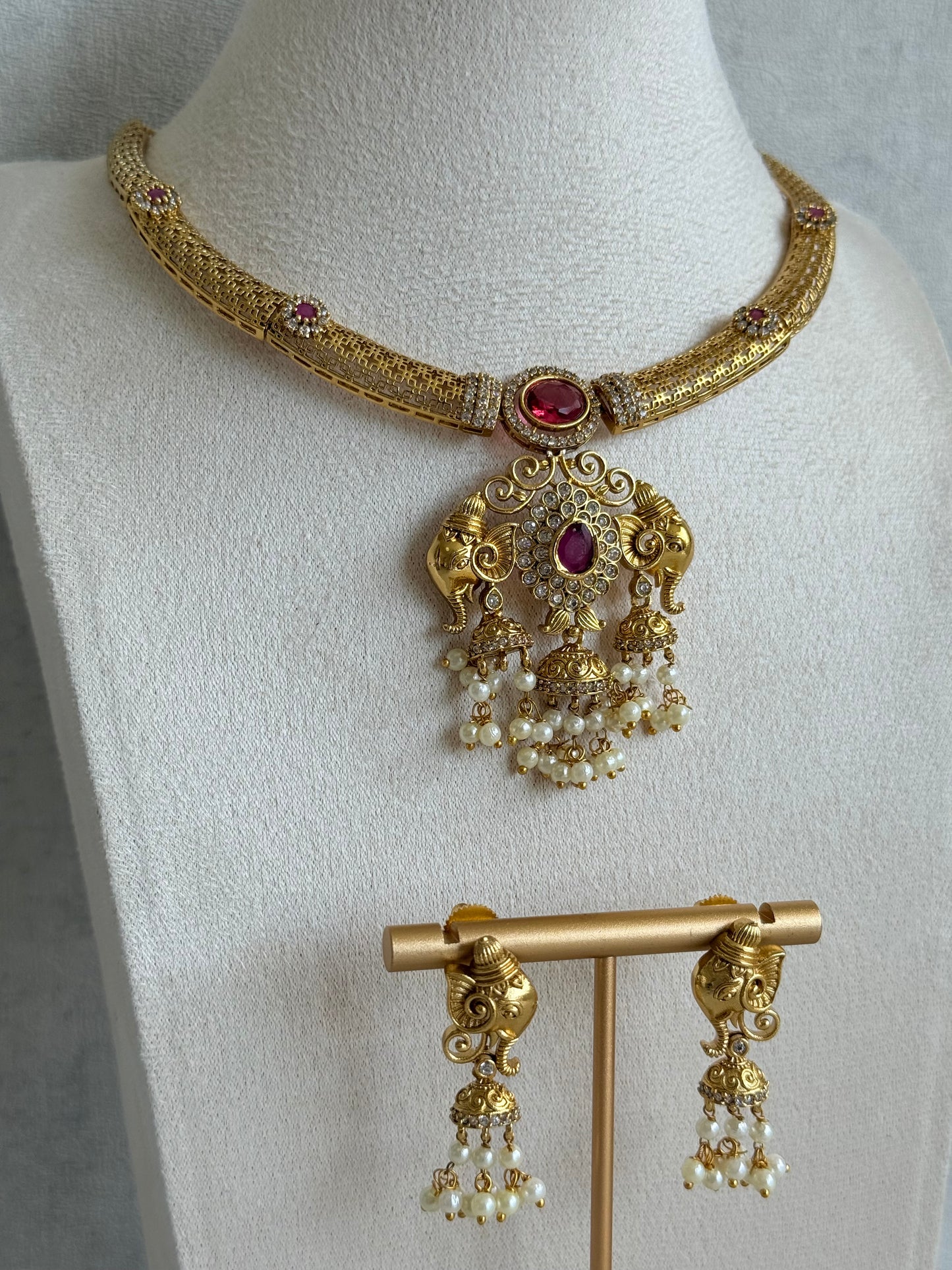 Ayura Designs Wadha Collar Necklace Set with Earrings – Gold Elephant Pendant & Ruby Red Stone Detailing