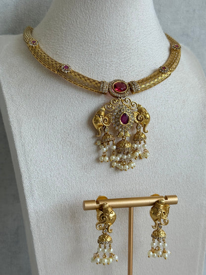 Ayura Designs Wadha Collar Necklace Set with Earrings – Gold Elephant Pendant & Ruby Red Stone Detailing