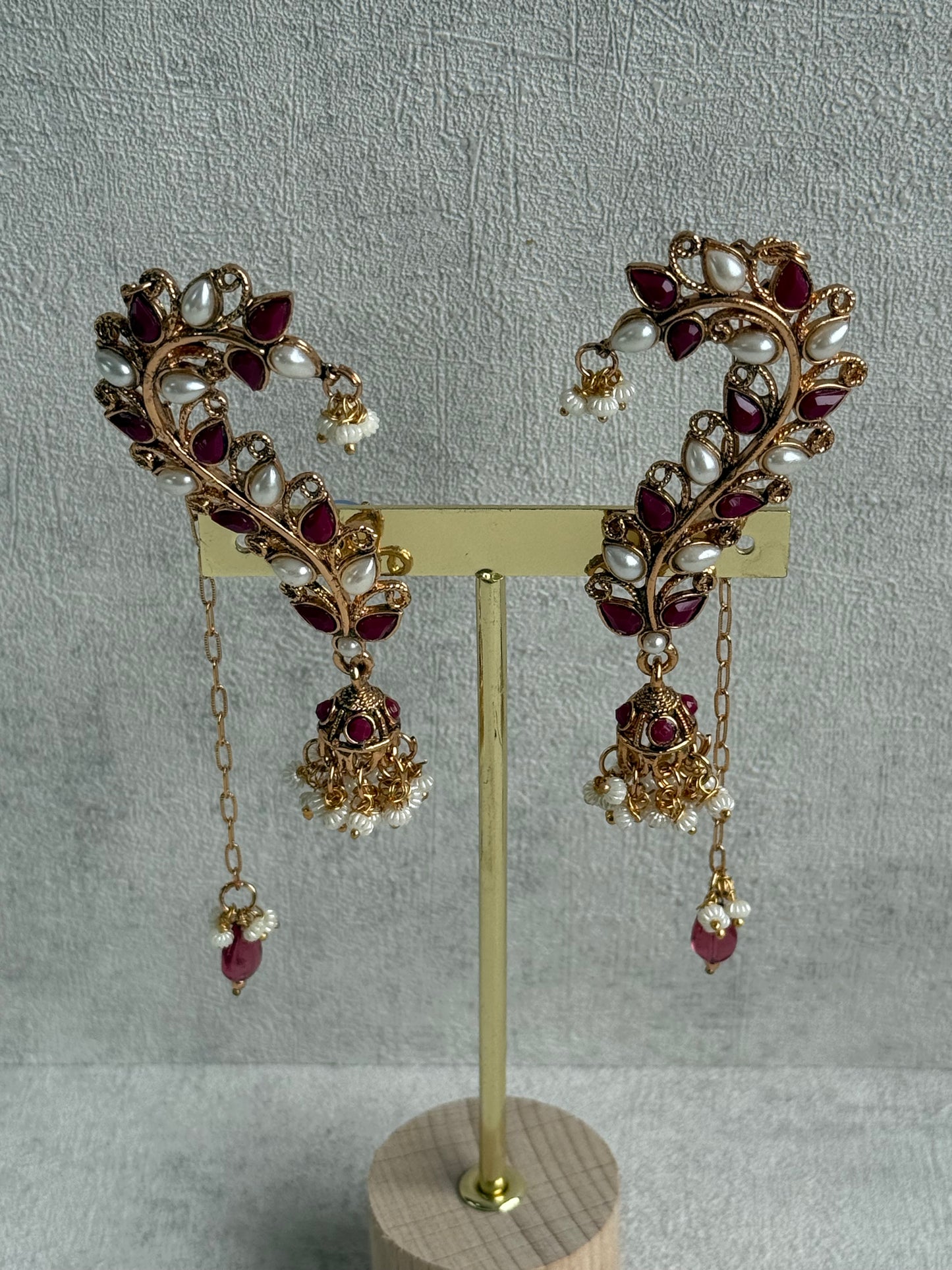 Ayura Designs Mastani Earrings – Gold Ear Climbers with Ruby Stones, Pearls & Jhumki Drops