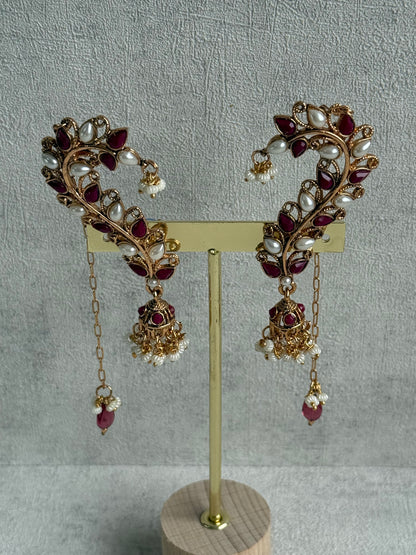 Ayura Designs Mastani Earrings – Gold Ear Climbers with Ruby Stones, Pearls & Jhumki Drops