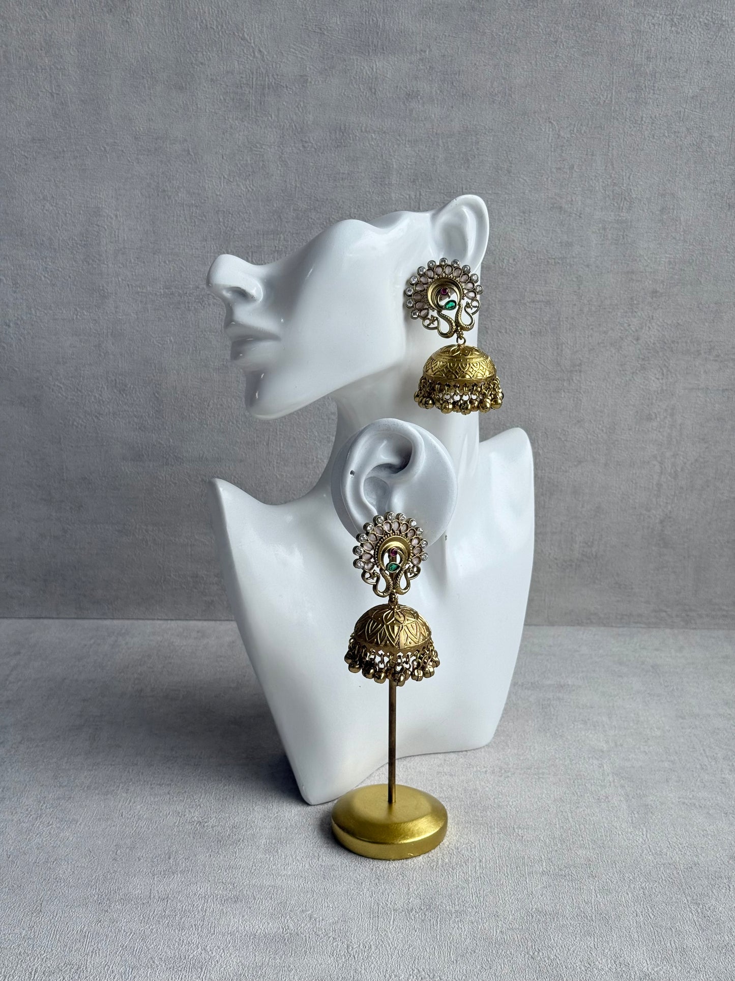 Ayura Designs Moraya Jhumkis – Blush Pink Peacock Motif with Antique Gold Detailing