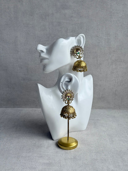 Ayura Designs Moraya Jhumkis – Blush Pink Peacock Motif with Antique Gold Detailing